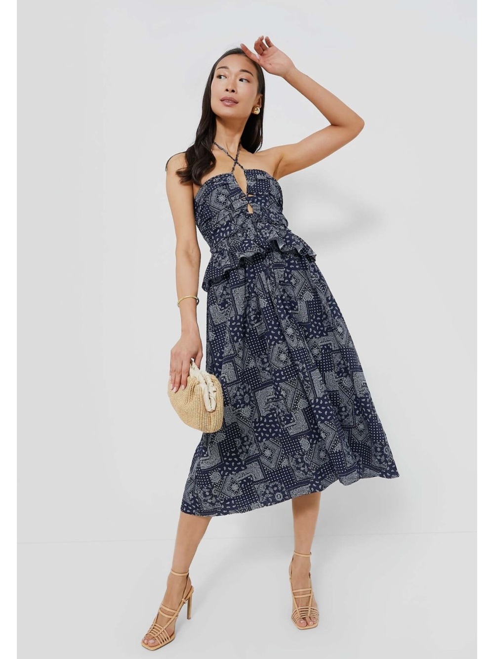 En Saison Navy and White Printed Midi Skirt